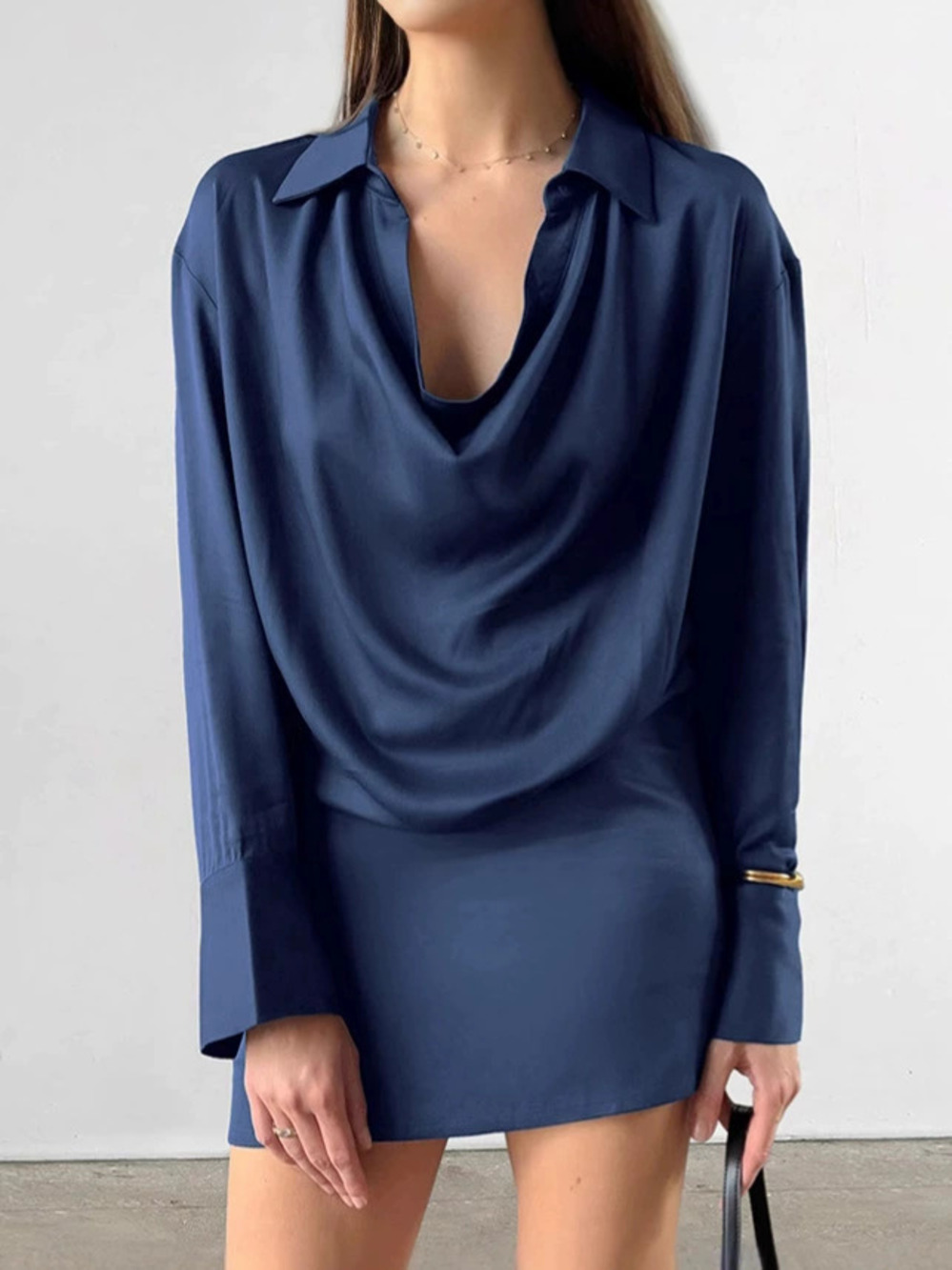 Forever 21 Fall Winter Blue Cowl Neck Bodycon Satin Dress Long Sleeve Mini Work